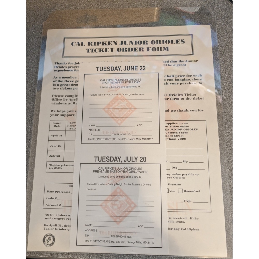 Baltimore Orioles Ticket Order Form Cal Ripken Junior Orioles Vintage Ephemera